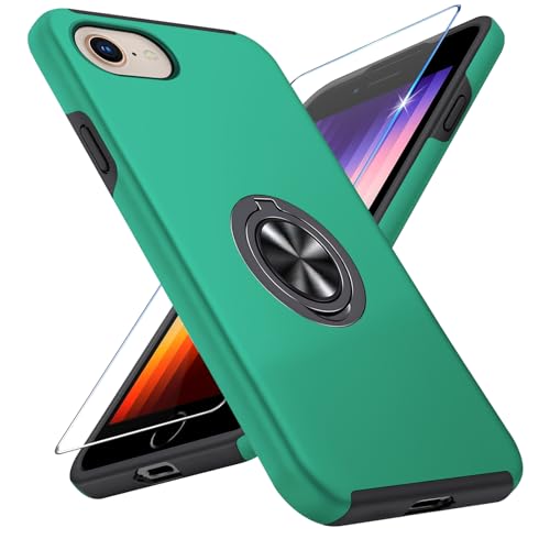 Vaki Handyhülle für iPhone SE/8/7 Hülle mit Schutzfolie, Schutzhülle Phone SE 2020 2022 8 7 Case mit Magnetischer Ring Ständer Kratzfest Fallfestigkeit Stoßfest für iPhone SE/8/7 Cover (Grün) von Vaki