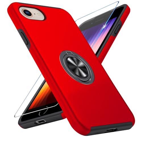 Vaki Handyhülle für iPhone SE/8/7 Hülle mit Schutzfolie, Schutzhülle Phone SE 2020 2022 8 7 Case mit Magnetischer Ring Ständer Kratzfest Fallfestigkeit Stoßfest für iPhone SE/8/7 Cover (Rot) von Vaki