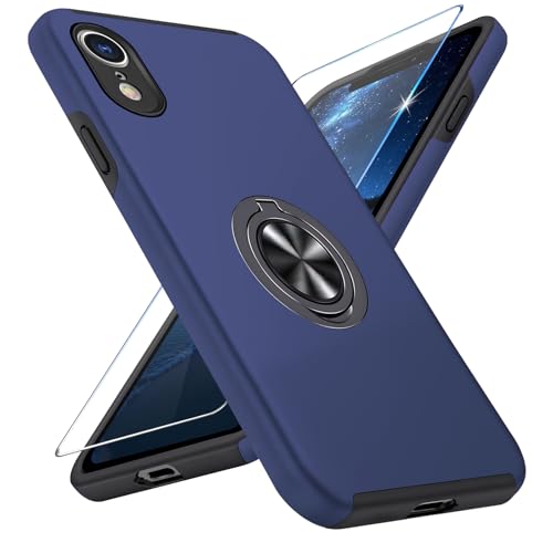 Vaki Handyhülle für iPhone XR Hülle mit Schutzfolie, Schutzhülle Case mit 360° Magnetischer Ring Ständer Kratzfest Fallfestigkeit Stoßfest für iPhone XR Cover (Blau) von Vaki