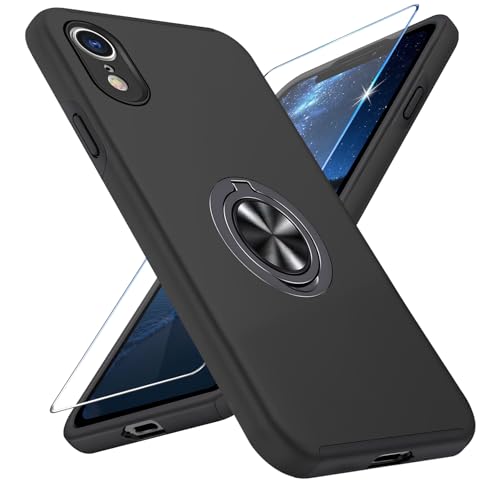 Vaki Handyhülle für iPhone XR Hülle mit Schutzfolie, Schutzhülle Case mit 360° Magnetischer Ring Ständer Kratzfest Fallfestigkeit Stoßfest für iPhone XR Cover (Schwarz) von Vaki