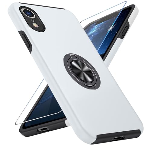 Vaki Handyhülle für iPhone XR Hülle mit Schutzfolie, Schutzhülle Case mit 360° Magnetischer Ring Ständer Kratzfest Fallfestigkeit Stoßfest für iPhone XR Cover (Silber) von Vaki