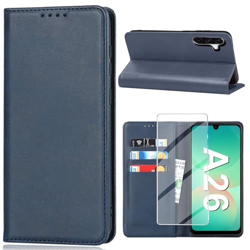 Vaki für Samsung Galaxy A26 5G Hülle mit Schutzfolie, Handyhülle Galaxy A26 5G PU Leder Wallet Kartenfach Klapphülle, Schutzhülle für Samsung A26 Flip Case Cover Coqu Tasche Handyschutz (Blau) von Vaki