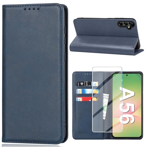 Vaki für Samsung Galaxy A56 5G Hülle mit Schutzfolie, Handyhülle Galaxy A56 5G PU Leder Wallet Kartenfach Klapphülle, Schutzhülle für Samsung A56 5G Flip Case Cover Coqu Tasche Handyschutz (Blau) von Vaki