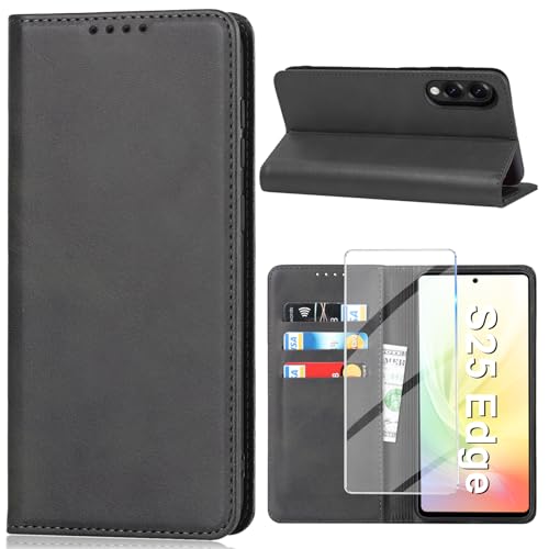 Vaki für Samsung Galaxy S25 Edge Hülle mit Schutzfolie, Schutzhülle PU Leder Wallet Kartenfach Klapphülle, Handyhülle für Samsung S25 Edge 5G Flip Case Cover Coqu Tasche Handyschutz (Schwarz) von Vaki
