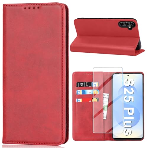 Vaki für Samsung Galaxy S25 Plus Hülle mit Schutzfolie, Handyhülle S25 Plus PU Leder Wallet Kartenfach Klapphülle, Schutzhülle für Samsung S25 Plus Flip Case Cover Coqu Tasche Handyschutz (Rot) von Vaki