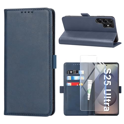 Vaki für Samsung Galaxy S25 Ultra Hülle mit Schutzfolie, Handyhülle S25 Ultra PU Leder Wallet Kartenfach Klapphülle, Schutzhülle für Samsung S25 Ultra Flip Case Cover Coqu Tasche Handyschutz (Blau) von Vaki