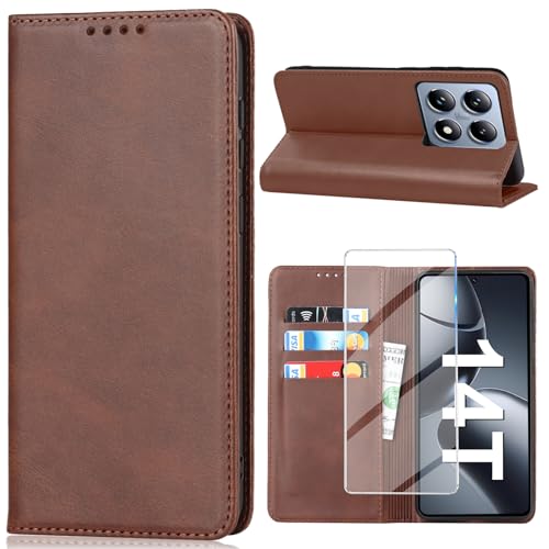 Vaki Für Xiaomi 14T Hülle Mit Schutzfolie - PU Leder Wallet Kartenfach Klapphülle, Flip Case Cover Coqu Tasche Handyschutz (Braun) von Vaki
