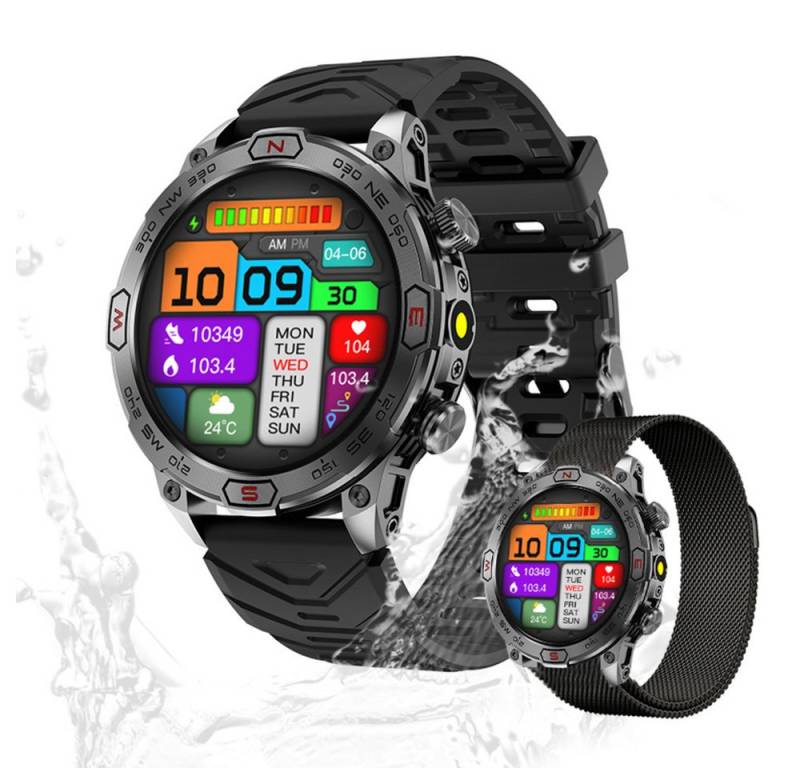 Valdus Damen's und Herren's Telefonfunktion IP68 Wasserdicht Smartwatch (1.43 Zoll, Android iOS), mit SPO2, Herzfrequenzsensor, Schrittzähler & 107 Sportmodi von Valdus