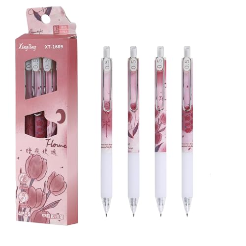 4 Stück Einziehbare Gelschreiber, Aesthetic Kugelschreiber 0,5 mm Schwarz Gelschreiber für Schreiben Tagbuchschreiben Notieren Niedlicher Pastell Roller Kugelschreiber für Schule Büro (4Pcs Roses) von Valicaer