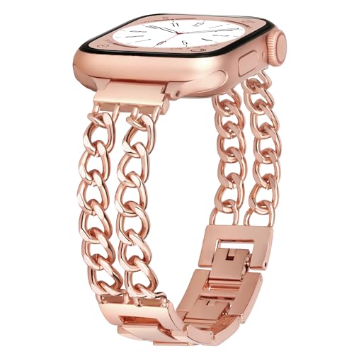 Vamyzji Kompatibel mit Apple Watch 9 Armband 41mm 40mm 38mm,Edelstahl Slim Metallarmband für Apple Watch Serie 9 8 7 6 5 4 3 2 1 iWatch SE, Silm Mode Kettenglied iWatch Armband für Damen(Rose Gold) von Vamyzji