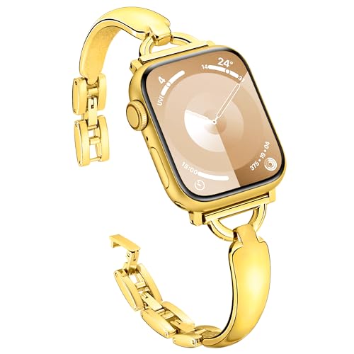 Vamyzji Kompatibel mit Apple Watch 9 Armband 41mm 40mm 38mm,Schick Slim Metallarmband für Apple Watch Serie 9 8 7 6 5 4 3 2 1 iWatch SE, Silm Mode Gold iWatch Armband für Damen(Gold) von Vamyzji