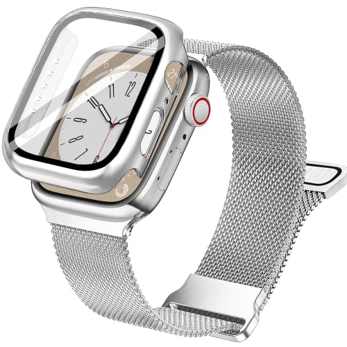 Vamyzji Kompatibel mit Apple Watch Armband + 44mm Schutzhülle mit Bildschirmschutz, Verstellbares Magnetisches Milanese Mesh Metall iWatch Armband für 40mm Apple Watch SE Serie 6 5 4（Silber, 44mm） von Vamyzji