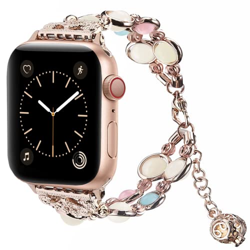 Vamyzji Kompatibel mit Apple Watch Armband 38mm 40mm 41mm, für Apple Watch iWatch Serie 9 8 7 6 5 4 3 2 1 Apple Watch SE, Schöne Frauen Leuchtperlen Armbänder,Geschenke für Damen(Rose) von Vamyzji