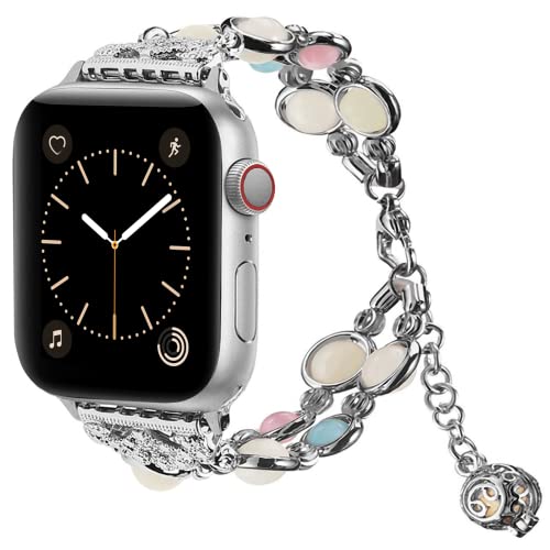 Vamyzji Kompatibel mit Apple Watch Armband 38mm 40mm 41mm, für Apple Watch iWatch Serie 9 8 7 6 5 4 3 2 1 Apple Watch SE, Schöne Frauen Leuchtperlen Armbänder,Geschenke für Damen(Silber) von Vamyzji