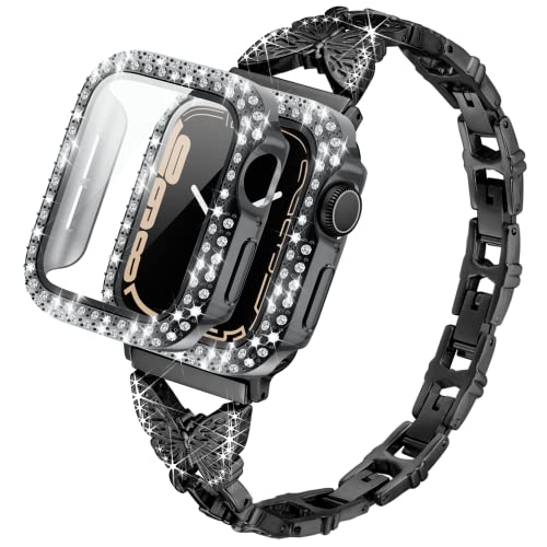 Vamyzji Kompatibel mit Apple Watch Armband 40mm Series 6 5 4 SE + Glitzer Crystal 40mm Schutzhülle mit Displayschutz, Elegant Metal Schmetterlings Band für Apple Watch Series 6 5 4 SE/SE 2(Schwarz) von Vamyzji