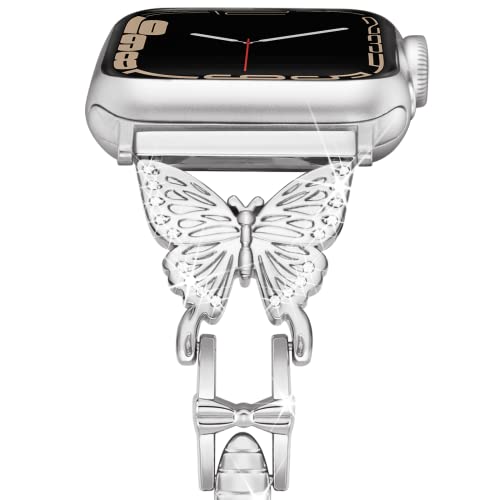 Vamyzji Kompatibel mit Apple Watch Armband 41mm 40mm 38mm, Elegant Metal Verstellbares Damen Mädchen Glitzer Schmetterlings iWatch band für Apple Watch Series 9 8 7 6 5 4 3 2 1 SE/SE2 Silber von Vamyzji