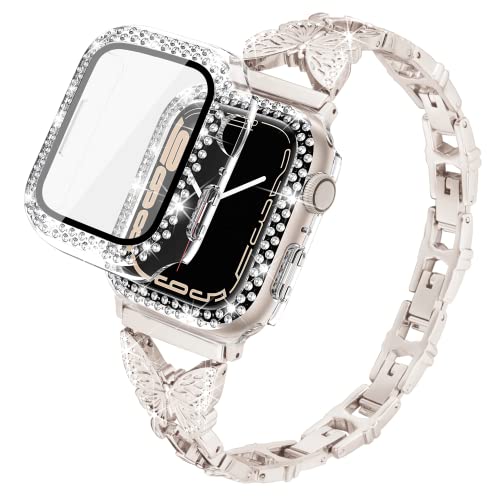 Vamyzji Kompatibel mit Apple Watch Armband 41mm Series 9 Series 8 7 + Glitzer Crystal 41mm Schutzhülle mit Displayschutz, Elegant Metal Schmetterlings Armband für Apple Watch Series 9 8 7(Polarstern) von Vamyzji