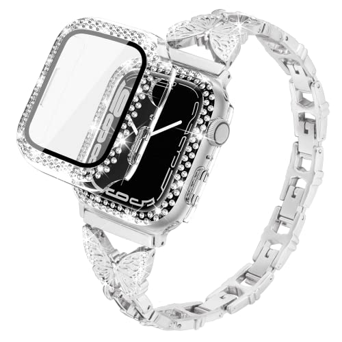 Vamyzji Kompatibel mit Apple Watch Armband 41mm Series 9 Series 8 7 + Glitzer Crystal 41mm Schutzhülle mit Displayschutz, Elegant Metal Schmetterlings Armband für Apple Watch Series 9 8 7(Silber) von Vamyzji