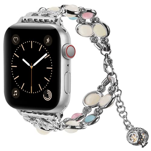 Vamyzji Kompatibel mit Apple Watch Armband 42mm 44mm 45mm 49mm, für Apple Watch iWatch Ultra Series 8 7 6 5 4 3 2 1 Apple Watch SE, Schöne Frauen Leuchtperlen Armbänder,Geschenke für Damen(Silber) von Vamyzji