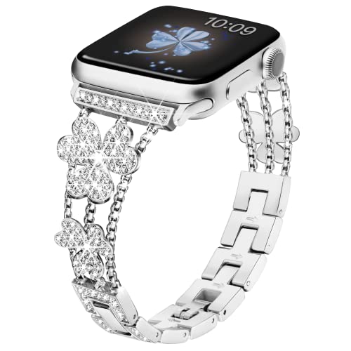 Vamyzji Kompatibel mit Apple Watch Armband 44mm 45mm 42mm 49mm, Elegant Glitzer Metallband für Damen Mädchen, für Apple Watch Ultra/Ultra 2, Series 9 Series 8 7 6 5 4 3 2 1Apple Watch SE/SE2(Silber) von Vamyzji