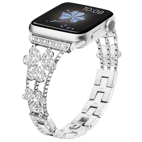 Vamyzji Kompatibel mit Apple Watch 46mm 49mm 45mm 44mm 42mm(Series 3 2 1), Elegant Glitzer Metallarmband für Damen für Apple Watch iWatch Series 10 9 8 7 6 5 4 3 2 1 SE/SE2, Ultra 2 1 (Silber) von Vamyzji