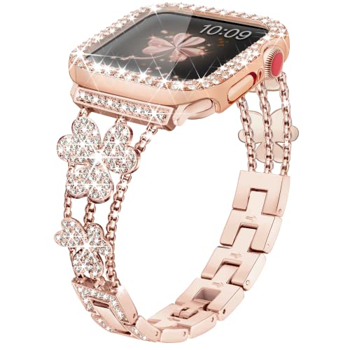 Vamyzji Kompatibel mit Apple Watch Armband 44mm Series 6 5 4 SE + Glitzer Crystal 44mm Schutzhülle mit Displayschutz, Elegant MetallBand für Apple Watch Series 6 5 4 SE/SE 2, Damen Mädchen(Rosegold) von Vamyzji