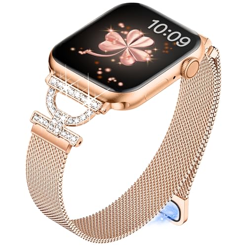 Vamyzji Kompatibel mit Apple Watch Armband 45mm 44mm 42mm 49mm,Schmal D-Style Mode Bling Magnetische für Apple Watch Serie 9 8 7 6 5 4 3 2 1 SE Ultra1 Ultra 2, Metall iWatch Armband für Frauen Mädchen von Vamyzji