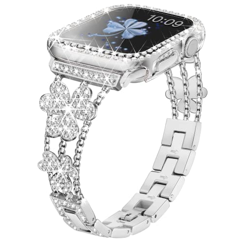 Vamyzji Kompatibel mit Apple Watch Armband 45mm Series 9 8 7 + Glitzer Crystal 45mm Schutzhülle mit Displayschutz, Elegant MetallBand für Apple Watch Series 9 Series 8 7, Damen Mädchen(Silber) von Vamyzji