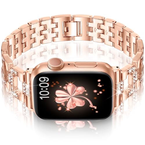 Vamyzji Kompatibel mit Apple Watch Armband 9 41mm 40mm 38mm, Metallarmband für Apple Watch Serie 9 8 7 6 5 4 3 2 1 SE, Glitzer Luxus Mode Damen Metall iWatch Armband Geschenk für Frauen, Rosegold von Vamyzji