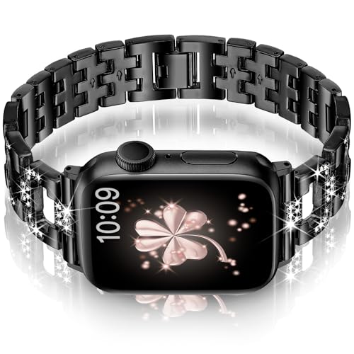 Vamyzji Kompatibel mit Apple Watch Armband 42mm(Series 10) 41mm 40mm 38mm, Metallband für Apple Watch Serie 10 9 8 7 6 5 4 3 2 1 SE, Glitzer Luxus Mode Damen Metall iWatch Armband Frauen, Schwarz von Vamyzji
