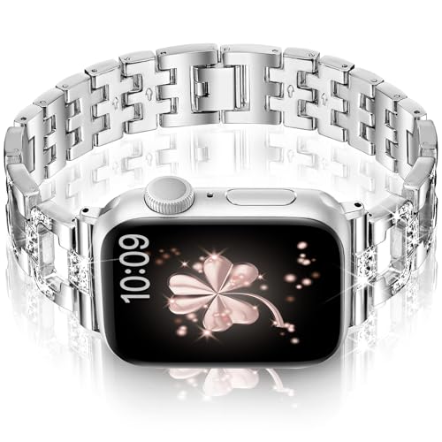 Vamyzji Kompatibel mit Apple Watch Armband 9 45mm 44mm 42mm 49mm, Metallarmband für Apple Watch Serie 9 8 7 6 5 4 3 2 1 SE,Ultra,Ultra 2, Glitzer Luxus Mode Damen Metall iWatch Armband Frauen, Silber von Vamyzji