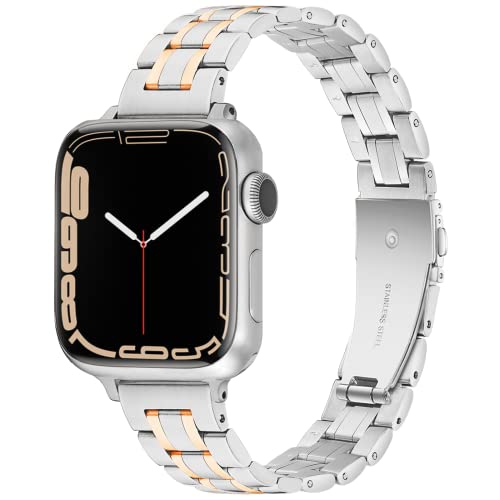 Vamyzji Metallbänder Kompatibel mit Apple Watch Armband 41mm 40mm 38mm, Slim Premium Edelstahl Metall Ersatzband für Apple Watch Serie 9 8 7 6 5 4 3 2 1 Apple Watch SE (Silber mit Roségold) von Vamyzji