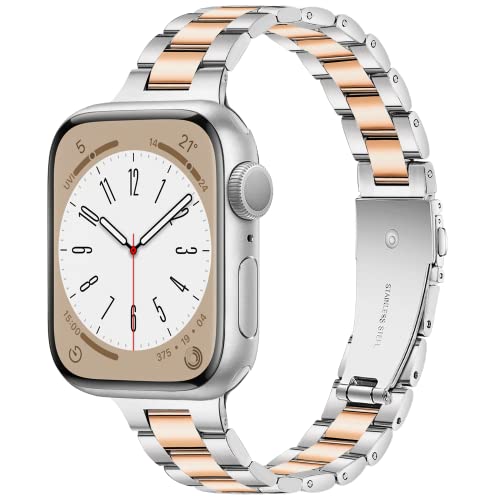 Vamyzji Metallband Kompatibel mit Apple Watch 9 Armband 45mm 44mm 42mm 49mm für Damen, Edelstahl Metall Apple Watch Armband für SE, Ultra,Ultra 2, iWatch Serie 9 8 7 6 5 4 3 2 1(Silber & Rosegold) von Vamyzji