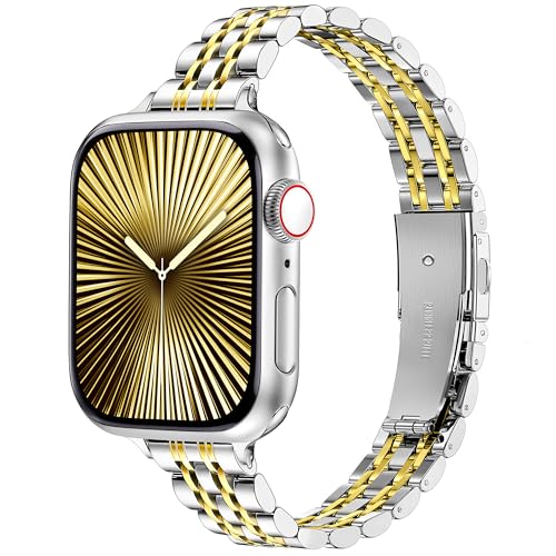 Vamyzji Metall für Apple Watch 42mm(Series 10) 41mm 40mm38mm, Damen Silm Edelstahl Metall kette iWacth Armband, Kompatibel mit Apple Watch Armband Serie 10 9 8 7 6 SE 5 4 3 2 1 Silber/Gold Vamyzji Metall für Apple Watch 42mm(Series 10) 41mm 40mm38mm, Damen Silm Edelstahl Metall kette iWacth Armband, Kompatibel mit Apple Watch Armband Serie 10 9 8 7 6 SE 5 4 3 2 1 Silber/Gold von Vamyzji