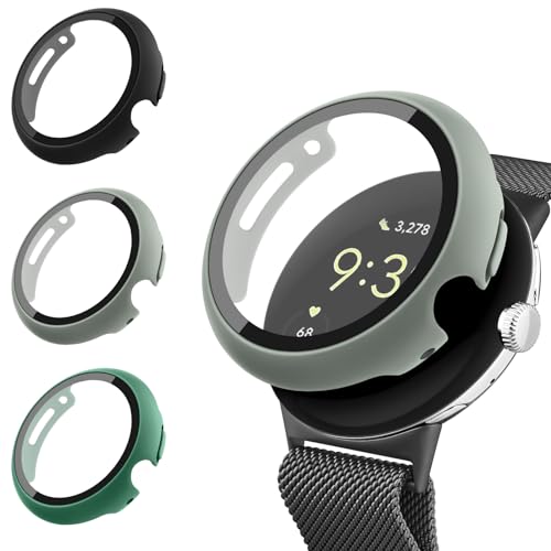Vancle [3 Stück] Hülle für Google Pixel Watch 2 Hülle/Google Pixel Watch Schutzhülle, PC Hard Hülle mit Hartglas Displayschutz Rundum Schutzhülle, Schwarz+Khaki+Grün von Vancle