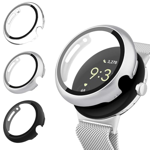 Vancle [3 Stück] Hülle für Google Pixel Watch 2 Hülle/Google Pixel Watch Schutzhülle, PC Hard Hülle mit Hartglas Displayschutz Rundum Schutzhülle, Schwarz+Silber+Transparent von Vancle