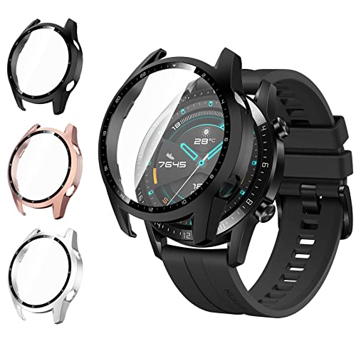 Vancle 3 Stück Schutzhülle für Huawei Watch GT2 46 mm, Displayschutzfolie aus Hartglas, ultradünn, für Huawei Watch GT2 46 mm (Schwarz/Silber/Roségold, Huawei GT2 46 mm) von Vancle