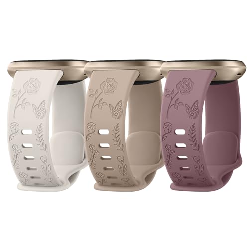 Vancle Armband für Fitbit Versa 4 Armband Damen,Floral Gravierte Silikon Ersatzarmbänder für Fitbit Versa 3 Armband/Fitbit Sense 2 Armband/Fitbit Sense Armband(Starlight/Milchtee/Violett) von Vancle
