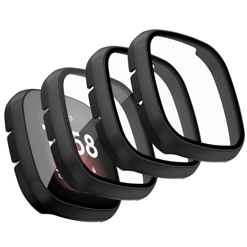 Vancle für Fitbit Versa 3 Hülle,4Stück Vollständige Abdeckung Schutzfolie Hard PC Schutz Displayschutz Folie Gehäuse für Fitbit Sense(4 Stück Schwarz) von Vancle