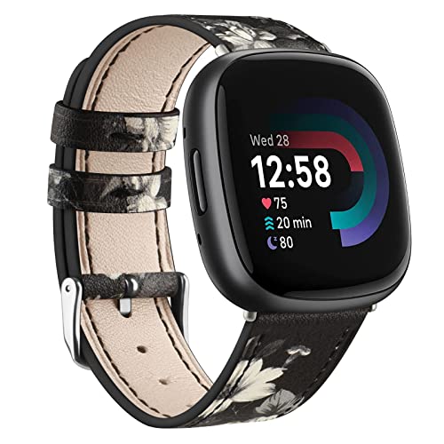 Vancle für Fitbit Versa 4 Armband/Fitbit Versa Sense 2 Armband Leder Damen Herren,Weiches Atmungsaktives Leder Sport Armband Ersatzarmbänder für Fitbit Versa 3/Fitbit Versa Sense(SchwarzGraueBlume) von Vancle