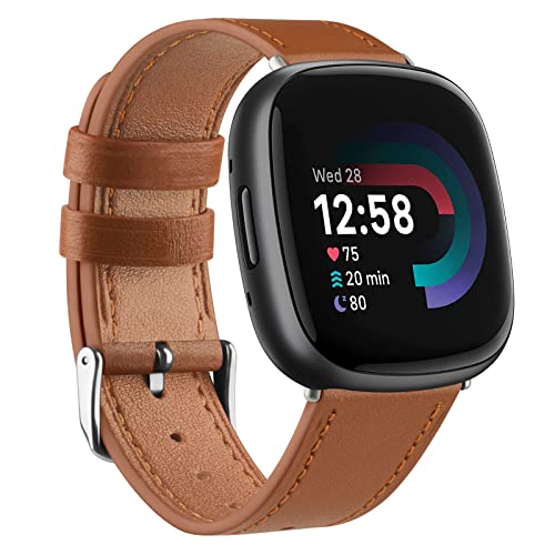 Vancle für Fitbit Versa 4 Armband/Fitbit Versa Sense 2 Armband Leder Damen Herren,Weiches Atmungsaktives Leder Sport Armband Ersatzarmbänder für Fitbit Versa 3/Fitbit Versa Sense(Braun) von Vancle