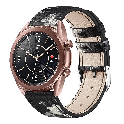 Vancle für Samsung Galaxy Watch 3 41mm Armband Leder Damen Herren,Weiches Atmungsaktives Leder Sport Armband Ersatzarmbänder für Samsung Galaxy Watch 3 Armband 41mm(Schwarzgraue Blume) von Vancle