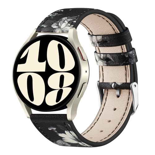 Vancle für Samsung Galaxy Watch 6 Armband 40mm 44mm Leder Damen Herren,Weiches Atmungsaktives 20mm Leder Sport Armband Ersatzarmbänder für Samsung Galaxy Watch 6 Classic 43mm 47mm(SchwarzGraue Blume) von Vancle