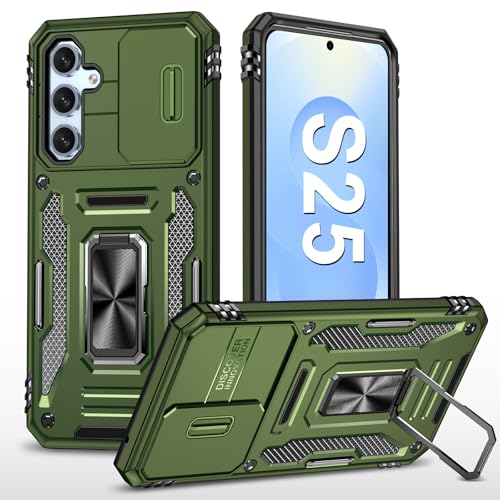 Handyhülle für Samsung Galaxy S25 Hülle mit Slide Camera mit Kameraschutz Galaxy S25 Schutzhülle 360° Drehbarer Metall Ring Ständer Stoßfest für Samsung S25 5G (Olivgrün) von Vanki