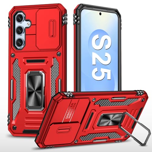 Handyhülle für Samsung Galaxy S25 Hülle mit Slide Camera mit Kameraschutz Galaxy S25 Schutzhülle 360° Drehbarer Metall Ring Ständer Stoßfest für Samsung S25 5G (Rot) von Vanki