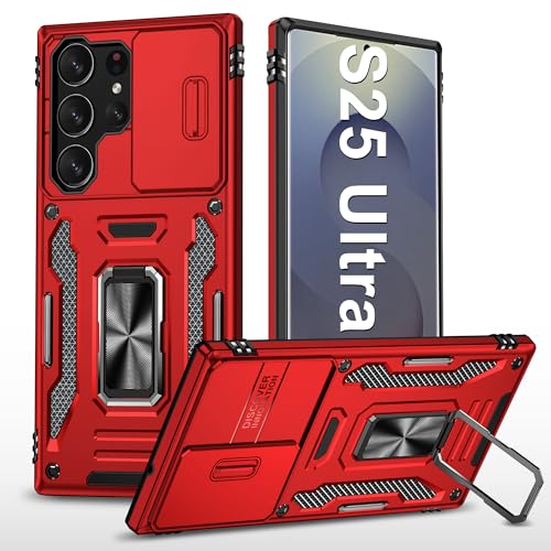 Handyhülle für Samsung Galaxy S25 Ultra Hülle mit Slide Camera mit Kameraschutz Galaxy S25 Ultra Schutzhülle 360° Drehbarer Metall Ring Ständer Stoßfest für Samsung S25 Ultra 5G (Rot) von Vanki