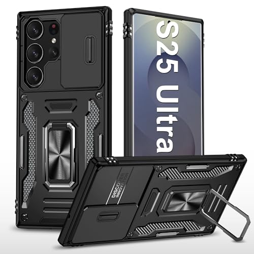 Handyhülle für Samsung Galaxy S25 Ultra Hülle mit Slide Camera mit Kameraschutz Galaxy S25 Ultra Schutzhülle 360° Drehbarer Metall Ring Ständer Stoßfest für Samsung S25 Ultra 5G (Schwarz) von Vanki