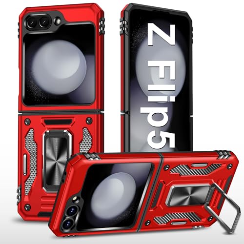 Handyhülle für Samsung Galaxy Z Flip 5 Hülle mit Slide Camera mit Kameraschutz Galaxy Z Flip 5 Schutzhülle 360° Drehbarer Metall Ring Ständer Stoßfest für Samsung Z Flip 5 5G (Rot) von Vanki