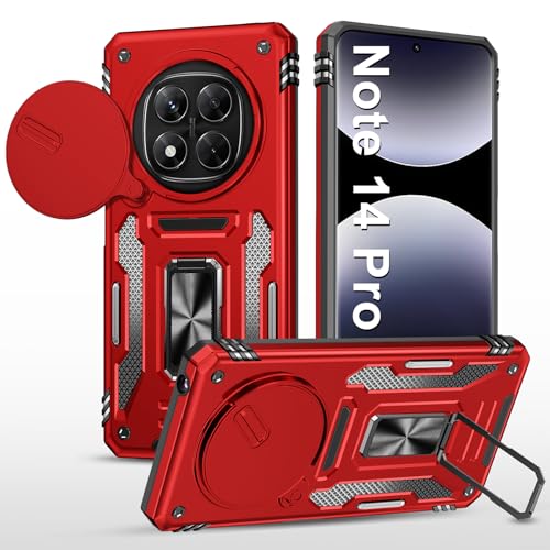 Handyhülle für Xiaomi Redmi Note 14 Pro Hülle mit Slide Camera mit Kameraschutz Redmi Note 14P Schutzhülle 360° Drehbarer Metall Ring Ständer Stoßfest für Samsung Redmi Note 14 Pro 5G (Rot) von Vanki