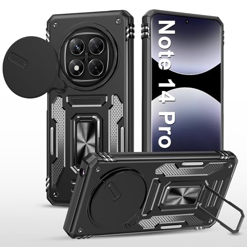 Handyhülle für Xiaomi Redmi Note 14 Pro Hülle mit Slide Camera mit Kameraschutz Redmi Note 14P Schutzhülle 360° Drehbarer Metall Ring Ständer Stoßfest für Samsung Redmi Note 14 Pro 5G (Schwarz) von Vanki